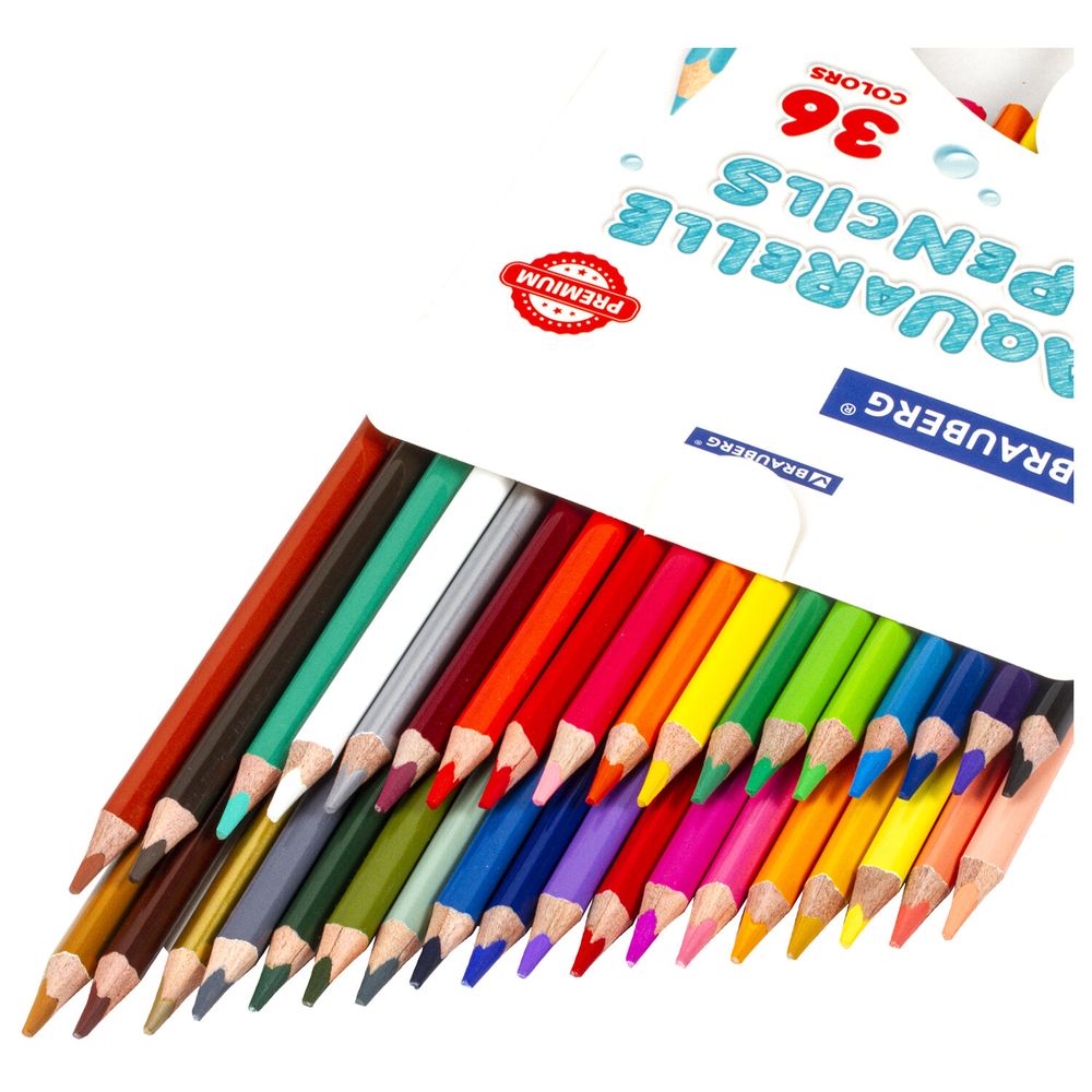 Карандаши цветные акварельные BRAUBERG PREMIUM AQUARELLE, 36 цветов, трехгранные, утолщенный грифель 4 мм, натуральное дерево