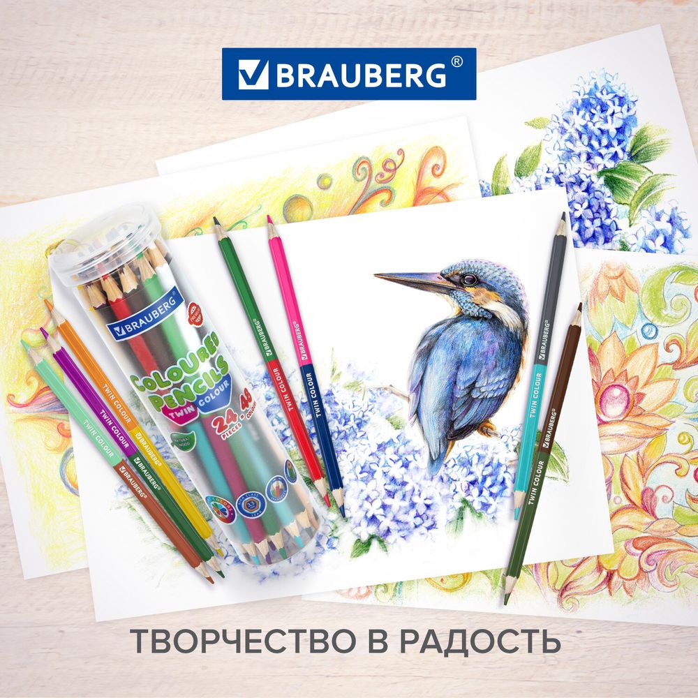 Карандаши цветные двусторонние BRAUBERG PREMIUM TWIN COLOUR, 24 шт., 48 цв., туба, шестигранные, грифель 3,3 мм, натуральное дерево