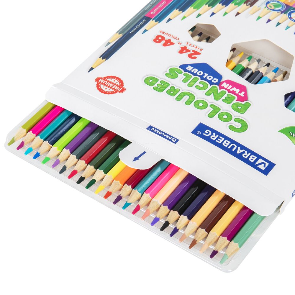 Карандаши цветные двусторонние BRAUBERG PREMIUM TWIN COLOUR, 24 штуки, 48 цветов, шестигранные, грифель 3,3 мм, натуральное дерево