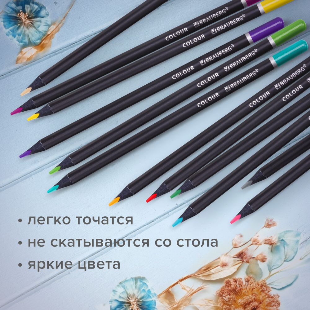 Карандаши цветные чёрное дерево BRAUBERG BLACK WOOD, 24 цвета, трехгранные, мягкий грифель 3 мм