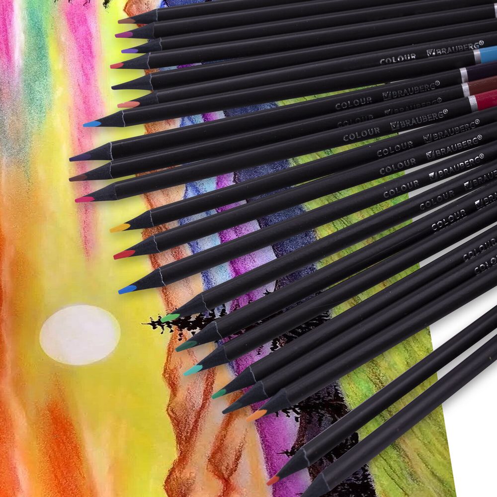 Карандаши цветные чёрное дерево BRAUBERG BLACK WOOD, 24 цвета, трехгранные, мягкий грифель 3 мм