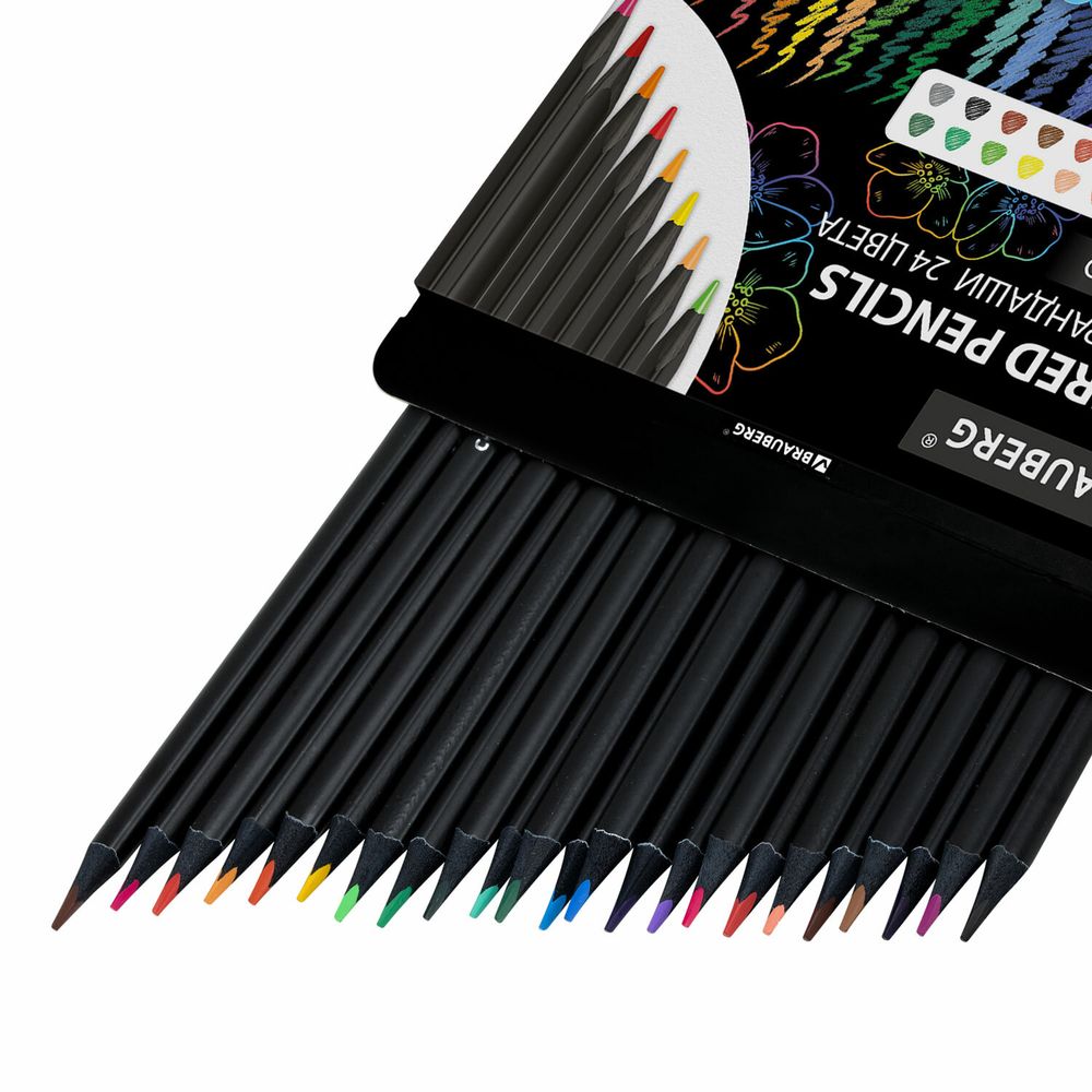 Карандаши цветные чёрное дерево BRAUBERG BLACK WOOD, 24 цвета, трехгранные, мягкий грифель 3 мм