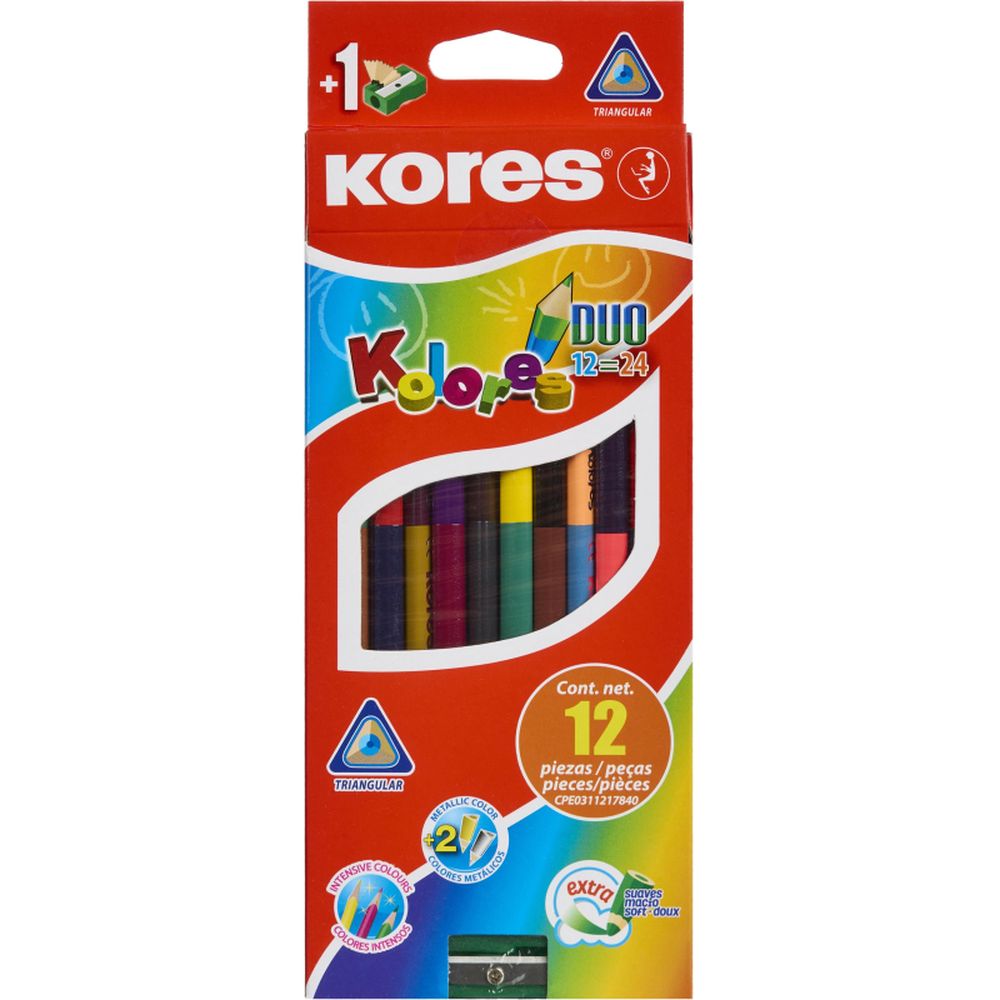 Карандаши цветные 12шт/24 цв. KORES двойные, трехгранные, с точилкой
