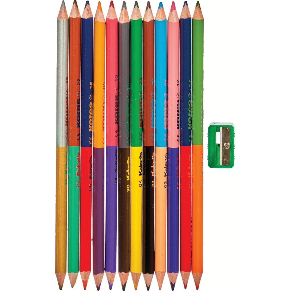 Карандаши цветные 12шт/24 цв. KORES двойные, трехгранные, с точилкой
