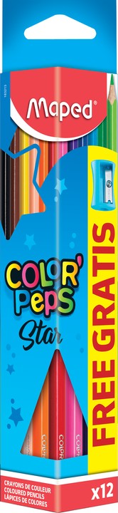 Карандаши цветные MAPED COLOR'PEPS, треуг., ударопр. грифель, в карт. футляре, 12цв+точилка