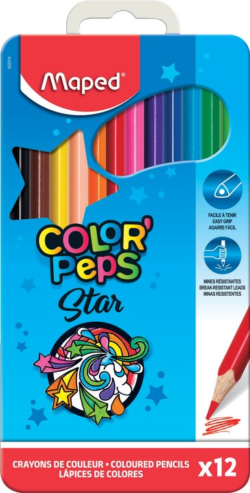 Карандаши цветные MAPED COLOR PEPS, треугольные, ударопрочный грифель, в метал. коробке, 12цв