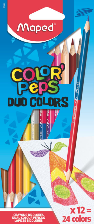 Карандаши цветные MAPED COLOR PEPS двойные, треугольные, ударопрочный грифель, в картонном футляре, 12шт/24 цв