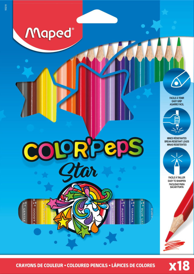 Карандаши цветные MAPED COLOR PEPS треугольные, ударопрочный грифель, в карт. футляре, 18цв