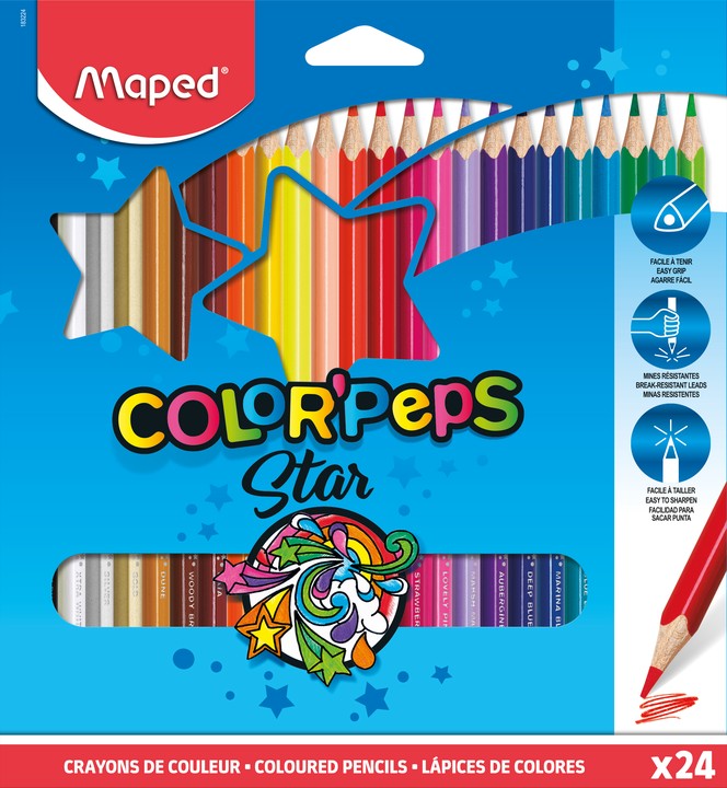 Карандаши цветные MAPED COLOR PEPS, треугольные, ударопрочный грифель, в карт. футляре, 24цв