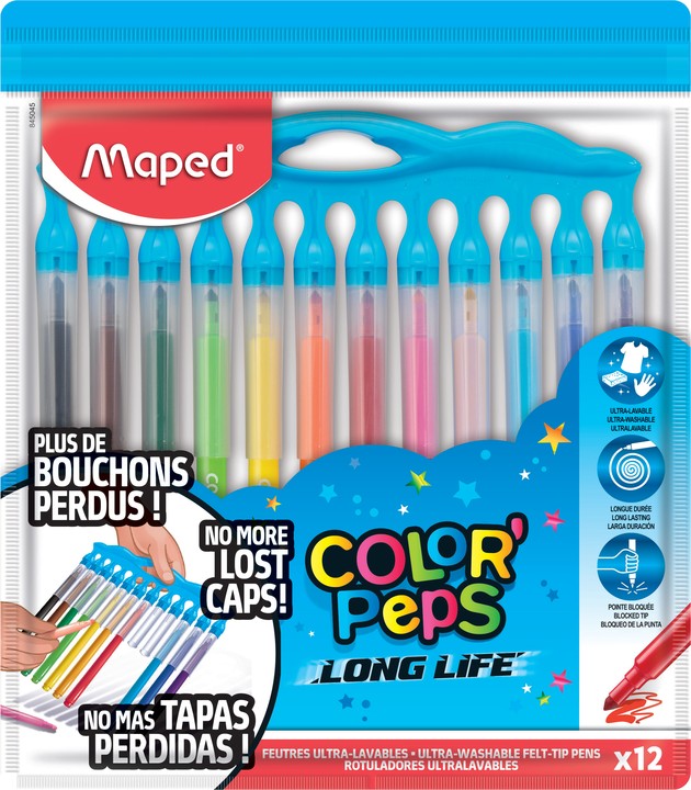 Фломастеры 12цветов Maped COLOR PEPS LONG LIFE, нетеряющ. колпачки, футляр на молнии
