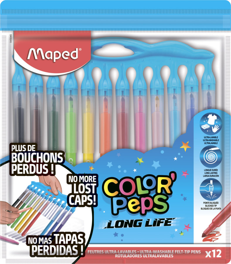 Фломастеры 12цветов Maped COLOR PEPS LONG LIFE, нетеряющ. колпачки, футляр на молнии