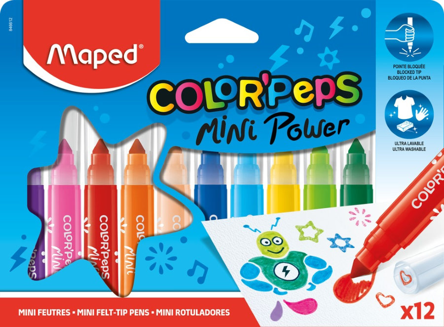 Фломастеры 12 цветов MAPED COLOR PEPS JUMBO MINI POWER, суперсмываемые, штампы на колпачках