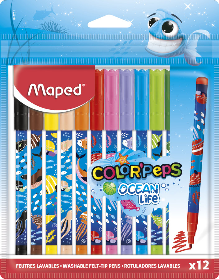 Фломастеры COLOR`PEPS OCEAN LIFE декорированные с заблокированным пишущим узлом, суперсмываемые, в пакете с подвесом 12 шт