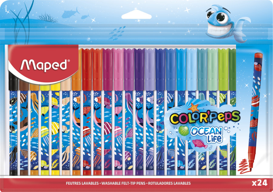 Фломастеры COLOR'PEPS OCEAN LIFE декорированные с заблокированным пишущим узлом, суперсмываемые, в пакете с подвесом 24 шт