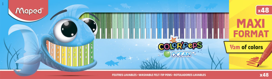 Фломастеры MAPED COLOR`PEPS OCEAN с заблокированным пишущим узлом, суперсмываемые, в коробке 48 шт