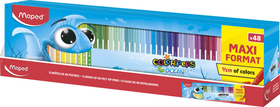 Фломастеры MAPED COLOR`PEPS OCEAN с заблокированным пишущим узлом, суперсмываемые, в коробке 48 шт