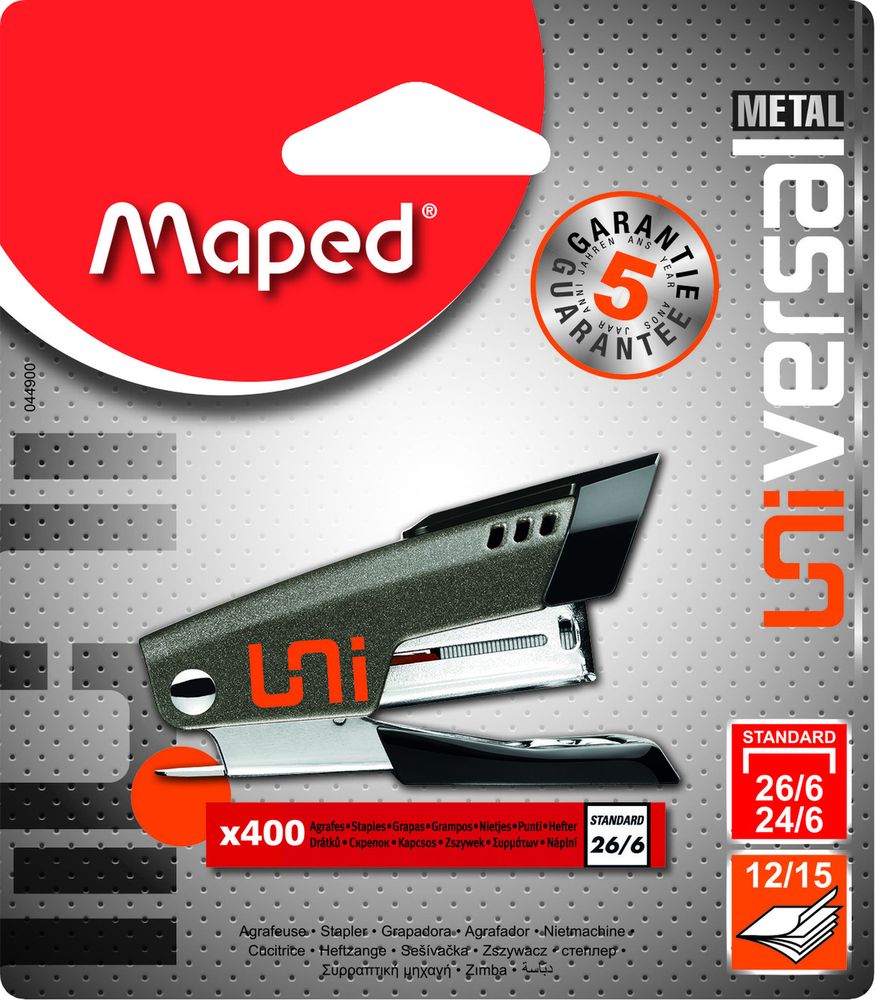 Степлер металлический мини, MAPED UNIVERSAL METAL, на 15 листов, скобы 24/6 и 26/6, с встроенным антистеплером + 400 скоб в комлекте, в блистере
