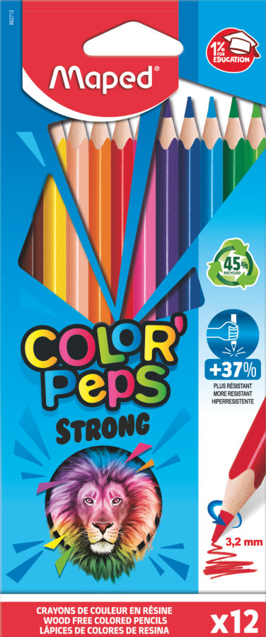 Цветные карандаши повышенной прочности, MAPED COLOR`PEPS STRONG, пластиковые, 12 цветов, в картонной коробке с подвесом