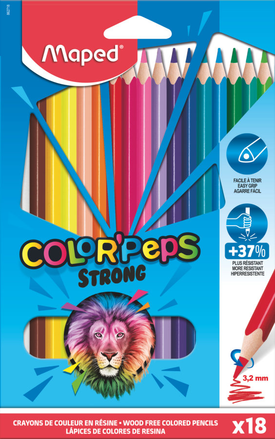 Цветные карандаши повышенной прочности, MAPED COLOR`PEPS STRONG, пластиковые, 18 цветов, в картонной коробке с подвесом