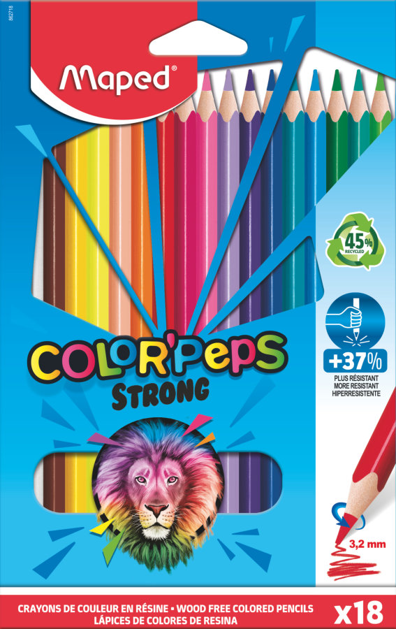 Цветные карандаши повышенной прочности, MAPED COLOR`PEPS STRONG, пластиковые, 18 цветов, в картонной коробке с подвесом