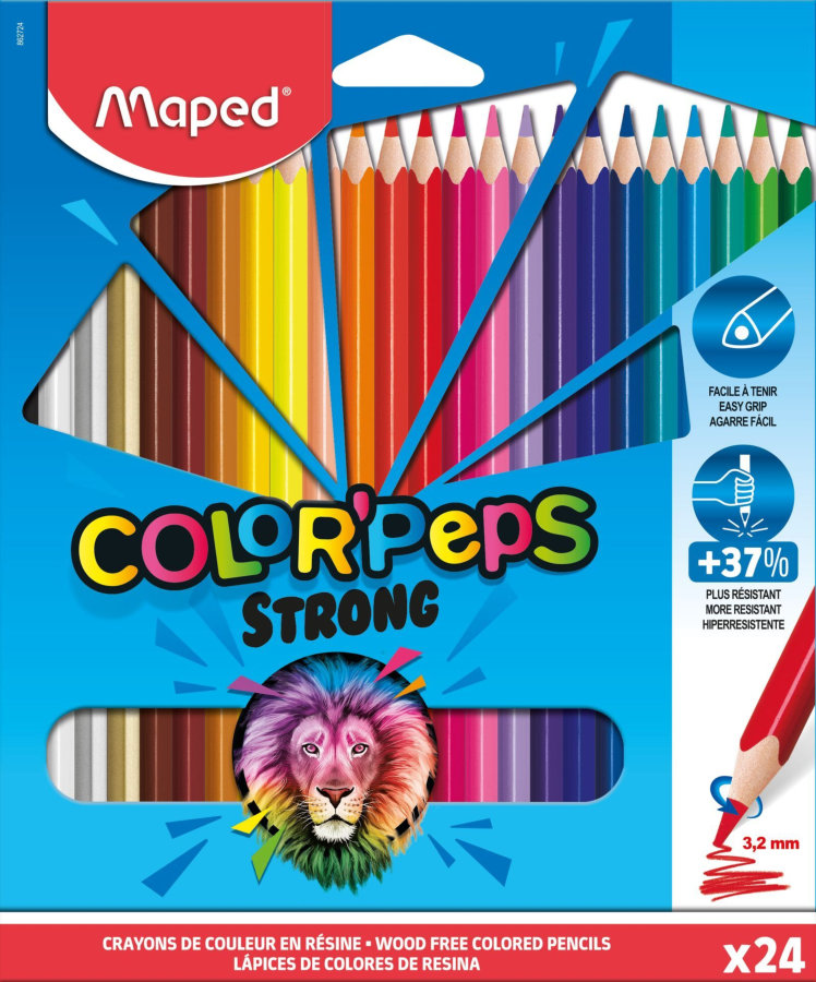 Цветные карандаши повышенной прочности, MAPED COLOR`PEPS STRONG, пластиковые, 24 цвета, в картонной коробке с подвесом