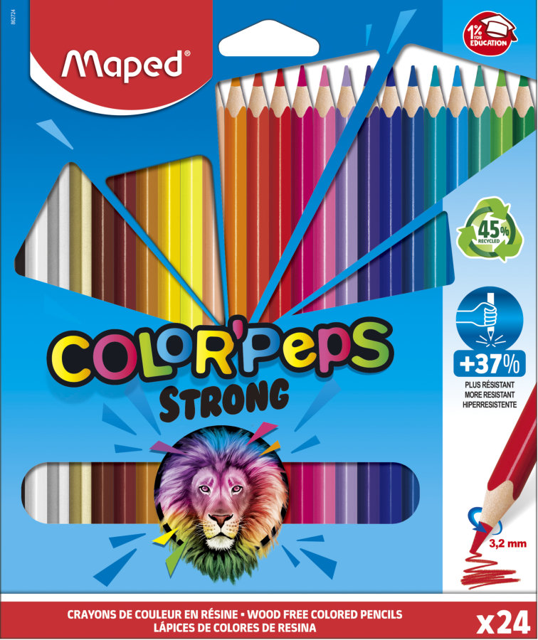 Цветные карандаши повышенной прочности, MAPED COLOR`PEPS STRONG, пластиковые, 24 цвета, в картонной коробке с подвесом