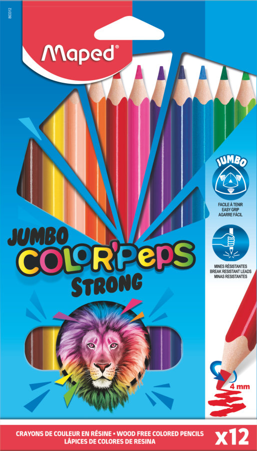 Цветные карандаши повышенной прочности, MAPED COLOR′PEPS JUMBO STRONG, макси, пластиковые, 12 цветов, в картонной коробке с подвесом