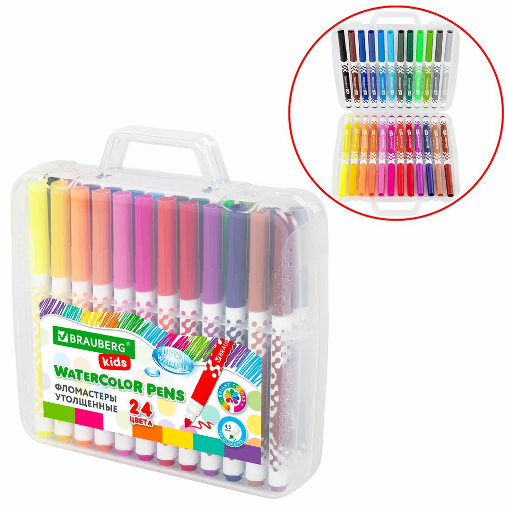 Фломастеры в портфельчике утолщенные 24 цвета, вентилируемый колпачок, BRAUBERG KIDS