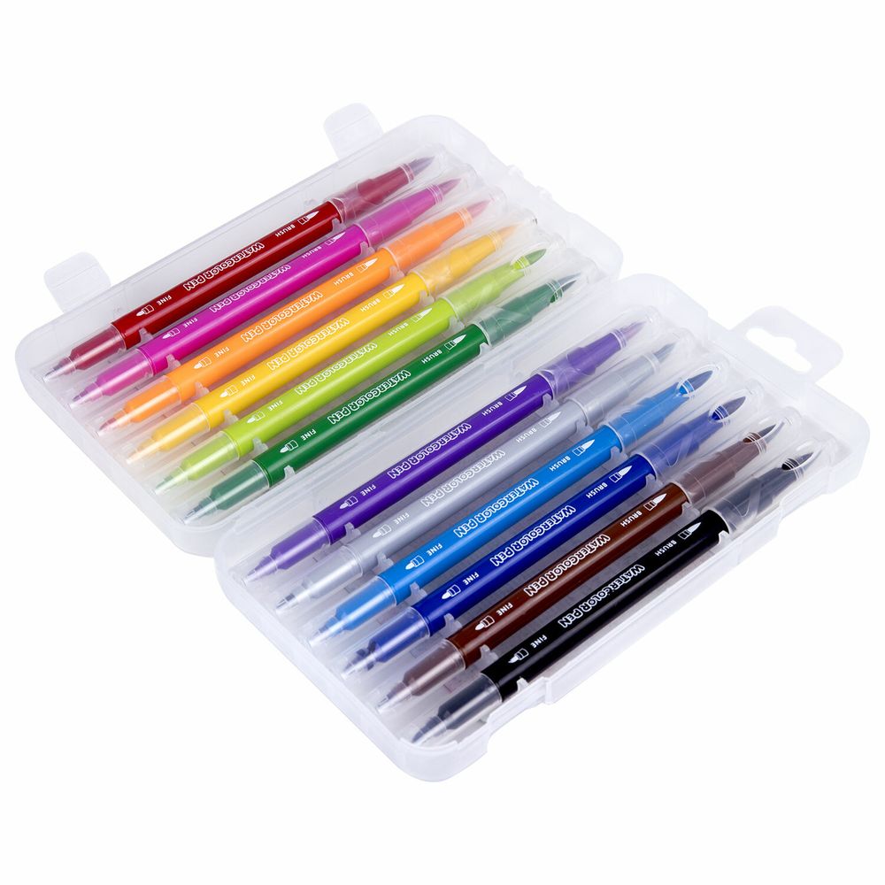 Фломастеры двусторонние с кистью 12 цветов (кисть/классический), СУПЕРКЕЙС, BRAUBERG KIDS