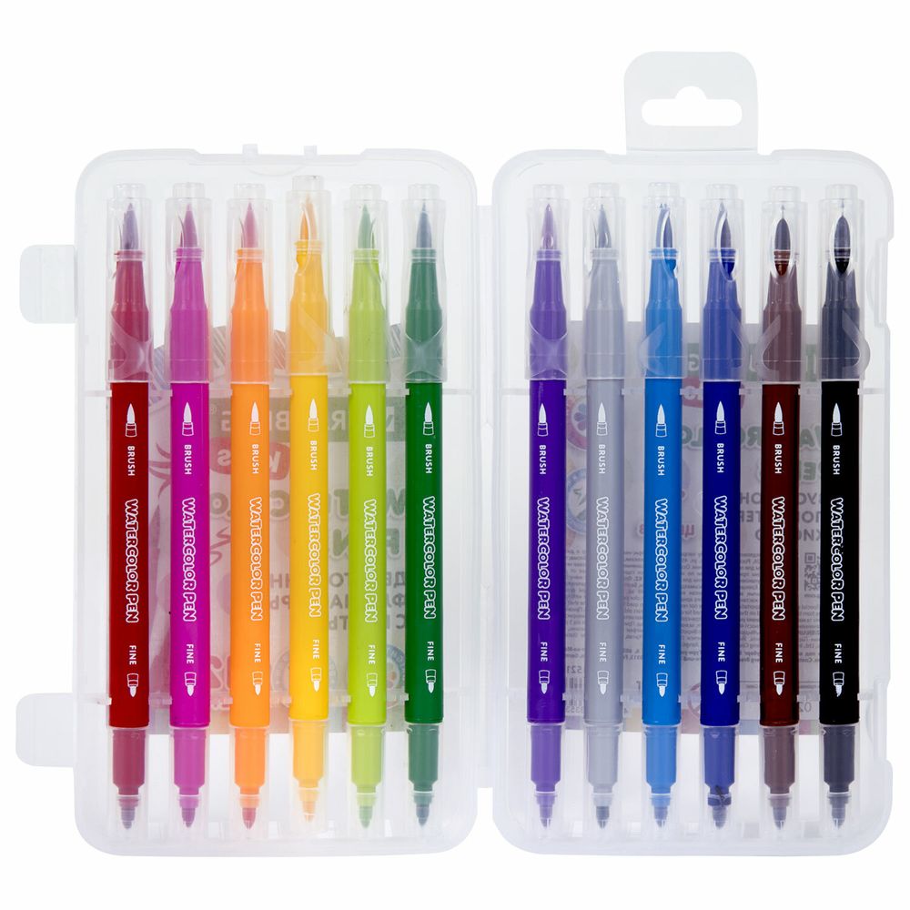 Фломастеры двусторонние с кистью 12 цветов (кисть/классический), СУПЕРКЕЙС, BRAUBERG KIDS