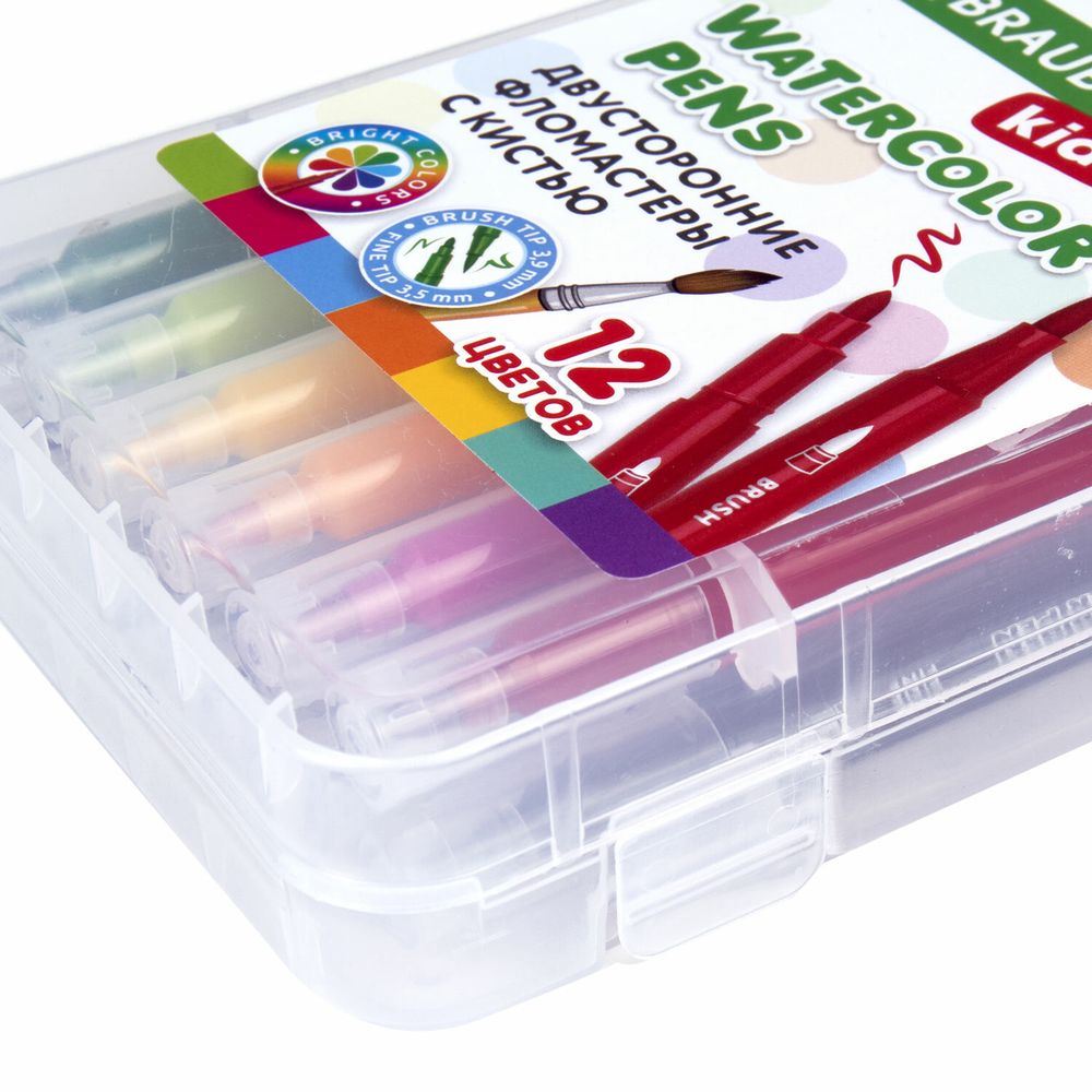 Фломастеры двусторонние с кистью 12 цветов (кисть/классический), СУПЕРКЕЙС, BRAUBERG KIDS