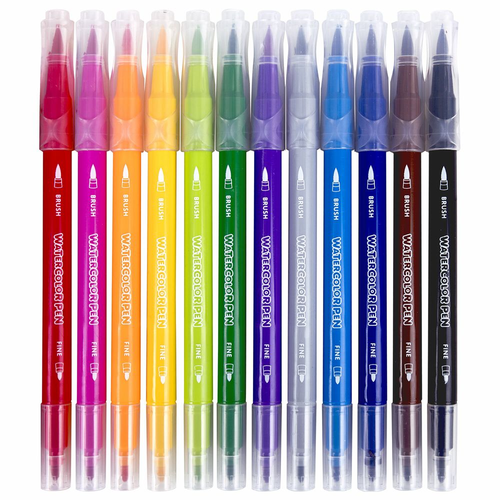 Фломастеры двусторонние с кистью 12 цветов (кисть/классический), СУПЕРКЕЙС, BRAUBERG KIDS