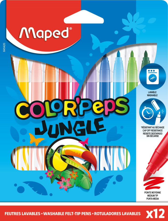 Фломастеры 12 цветов MAPED JUNGLE смываемые, в картоне