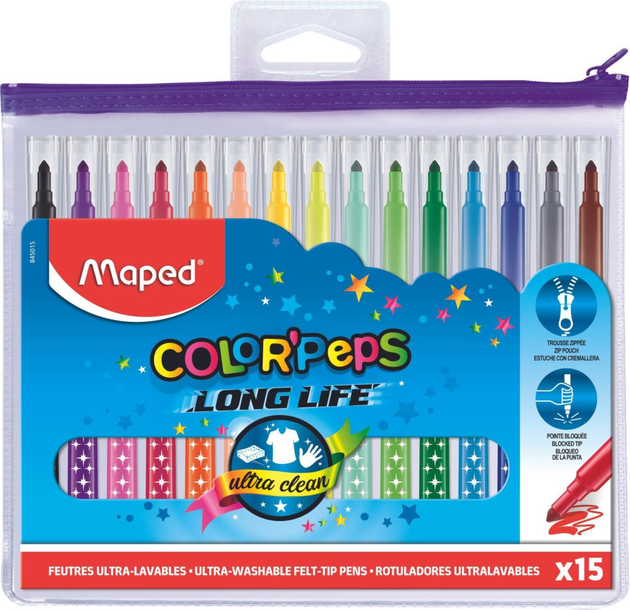 Фломастеры 15 цветов MAPED LONG LIFE, футляр на молнии