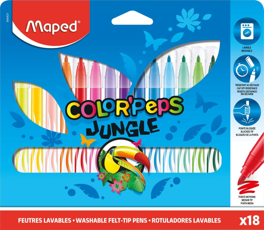 Фломастеры 18 цветов MAPED JUNGLE смываемые, в картоне