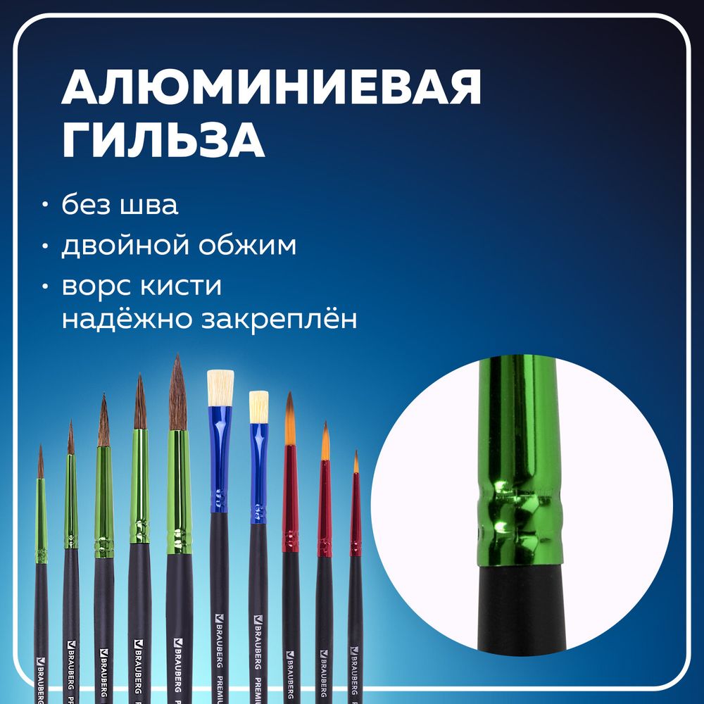 Кисти BRAUBERG PREMIUM, набор 10 шт. (круглые пони - 5 шт., синтетика - 3 шт., плоские щетина - 2 шт.), блистер