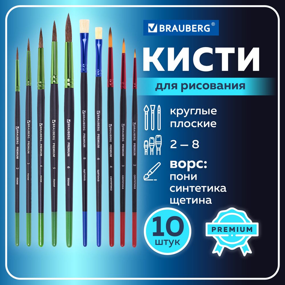 Кисти BRAUBERG PREMIUM, набор 10 шт. (круглые пони - 5 шт., синтетика - 3 шт., плоские щетина - 2 шт.), блистер
