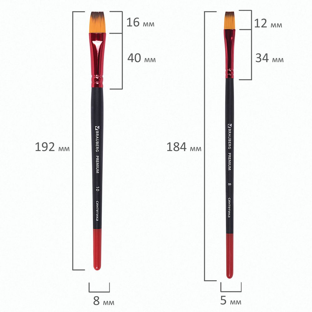 Кисти BRAUBERG PREMIUM, набор 10 шт. (синтетика, круглые № 1, 2, 3, 5, 8, плоские № 2, 4, 6, 8, 10)