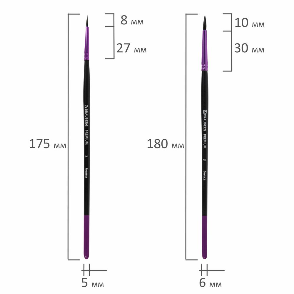 Кисти BRAUBERG PREMIUM, набор 3 шт. (беличьи круглые № 2, 3, 4), блистер