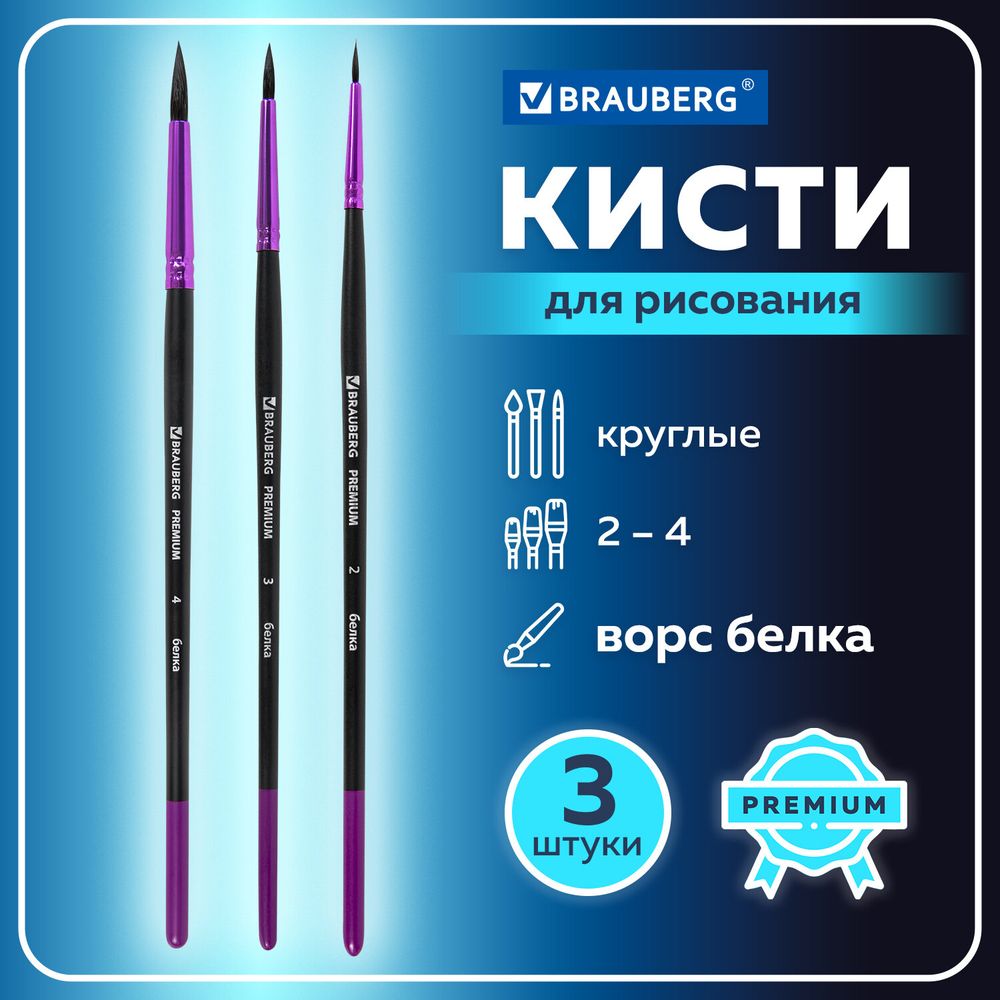 Кисти BRAUBERG PREMIUM, набор 3 шт. (беличьи круглые № 2, 3, 4), блистер