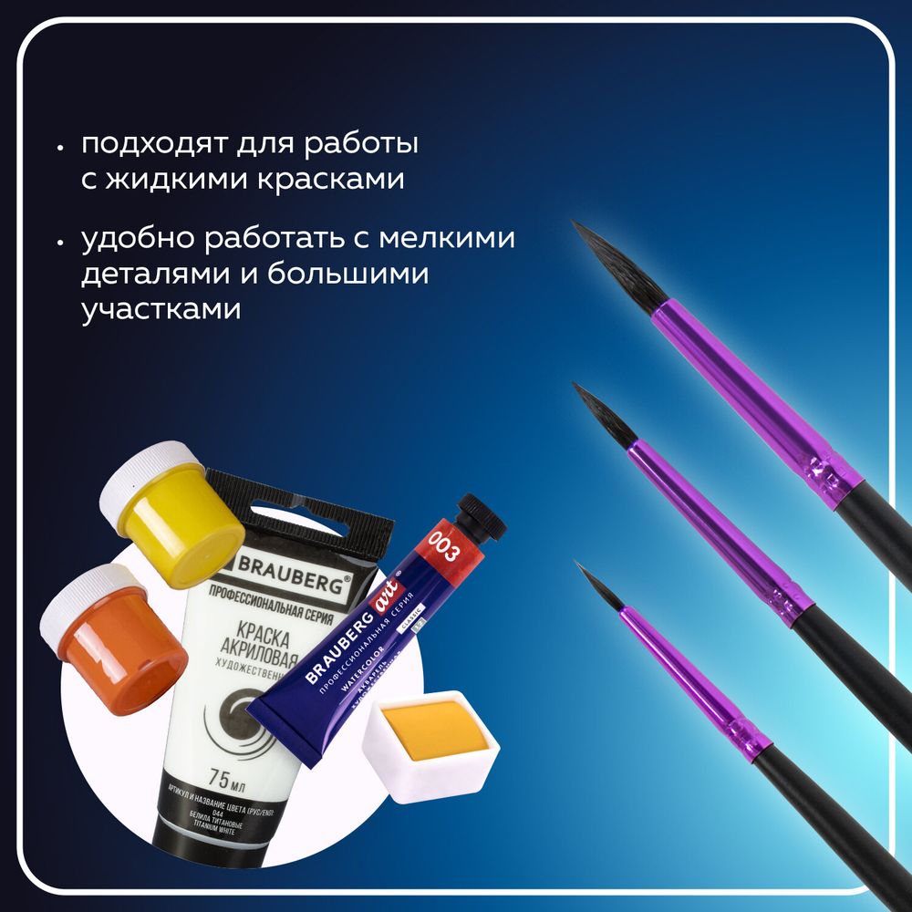 Кисти BRAUBERG PREMIUM, набор 3 шт. (беличьи круглые № 2, 3, 4), блистер