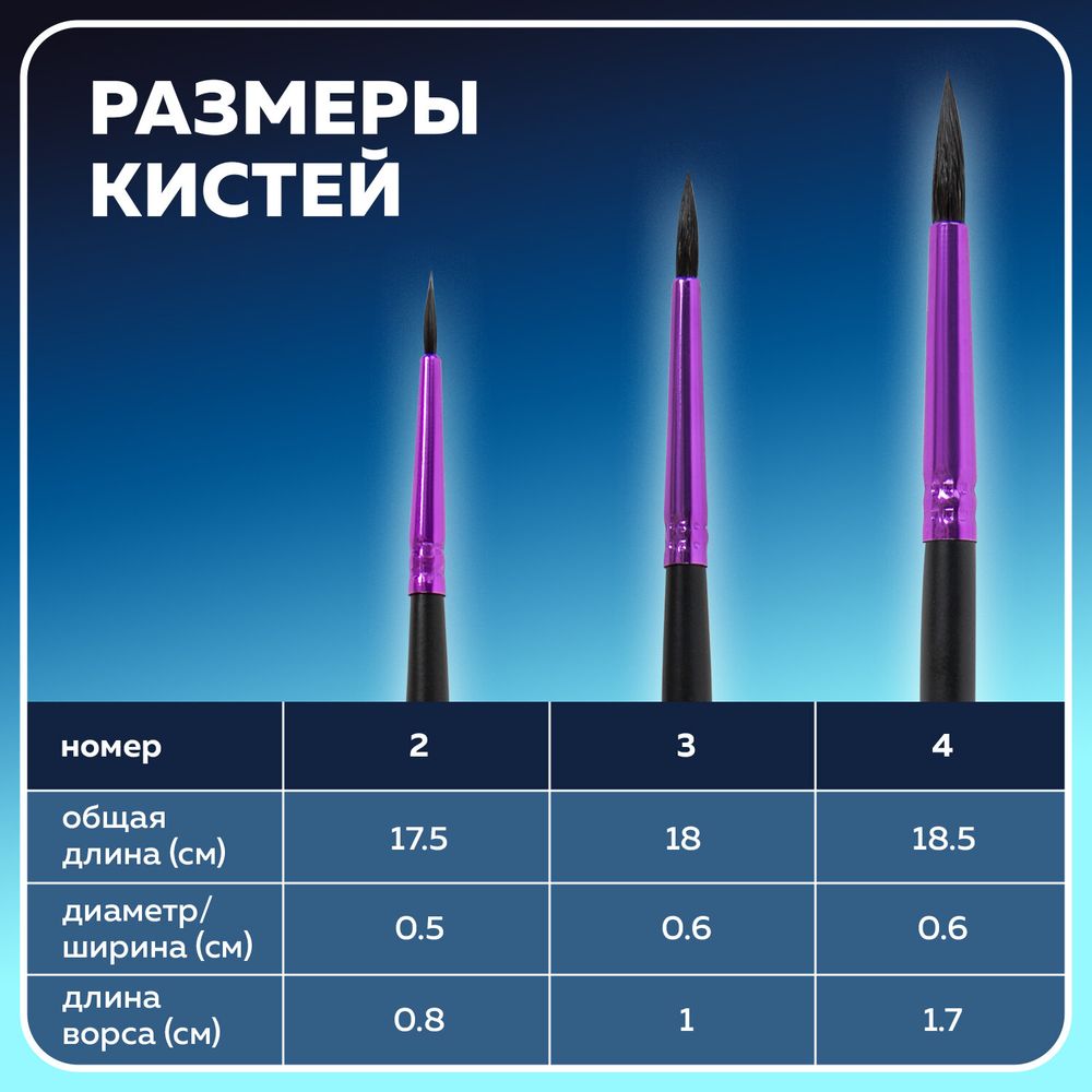 Кисти BRAUBERG PREMIUM, набор 3 шт. (беличьи круглые № 2, 3, 4), блистер