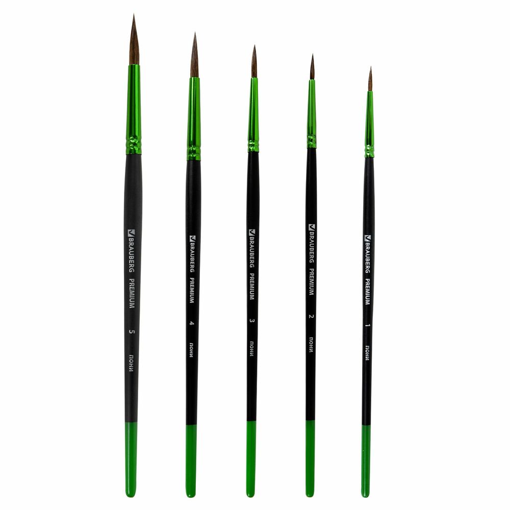 Кисти BRAUBERG PREMIUM, набор 5 шт. (из ворса пони круглые № 1, 2, 3, 4, 5), блистер