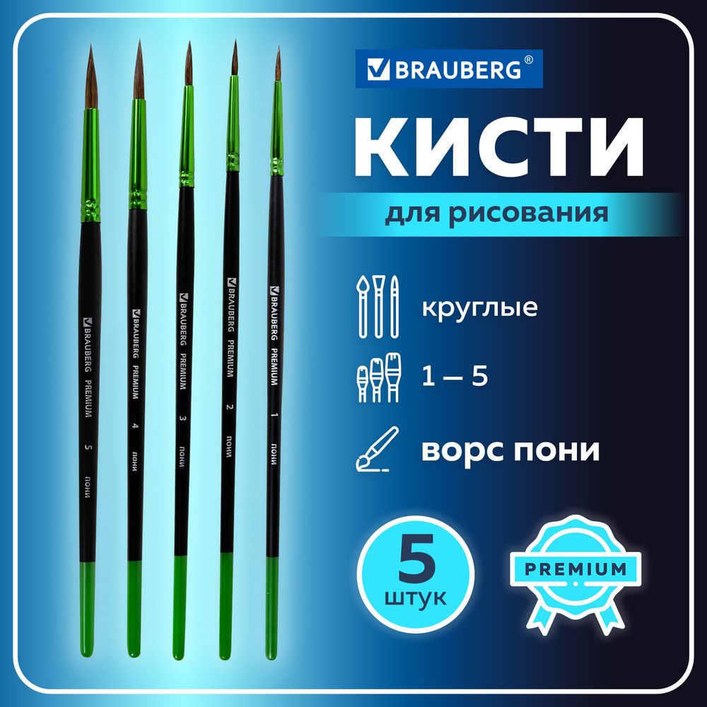 Кисти BRAUBERG PREMIUM, набор 5 шт. (из ворса пони круглые № 1, 2, 3, 4, 5), блистер