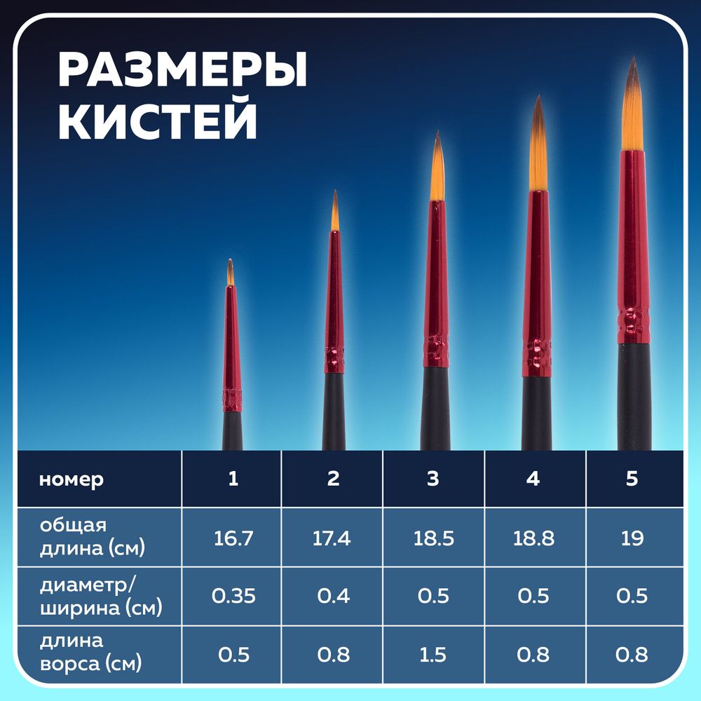 Кисти BRAUBERG PREMIUM, набор 5 шт. (синтетика, круглая № 1, 2, 3, 4, 5), блистер