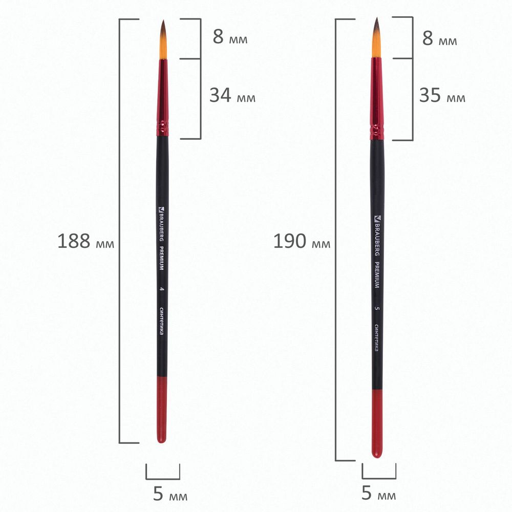 Кисти BRAUBERG PREMIUM, набор 5 шт. (синтетика, круглая № 1, 2, 3, 4, 5), блистер