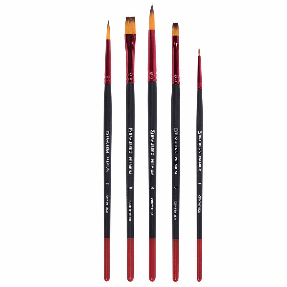Кисти BRAUBERG PREMIUM, набор 5 шт. (синтетика, круглая № 1, 3, 5, плоская № 5, 8), блистер
