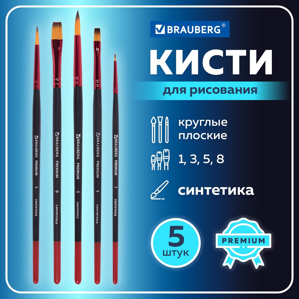 Кисти BRAUBERG PREMIUM, набор 5 шт. (синтетика, круглая № 1, 3, 5, плоская № 5, 8), блистер