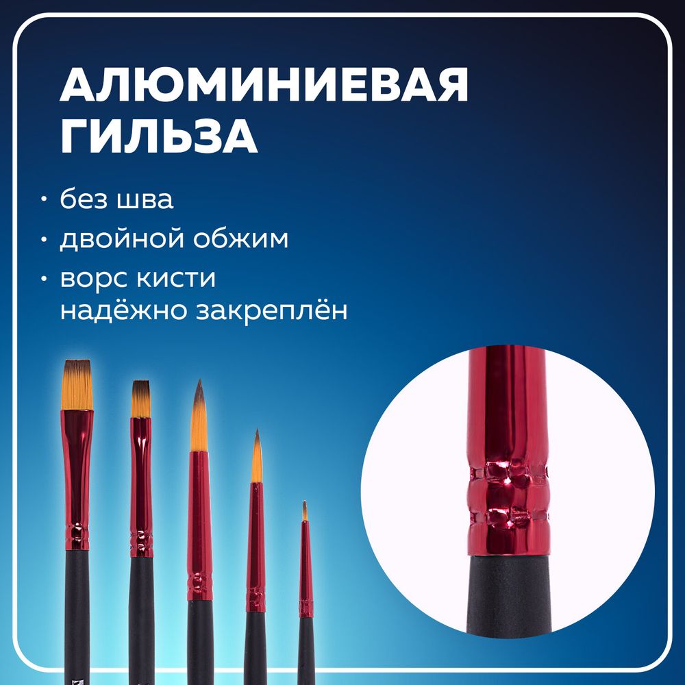 Кисти BRAUBERG PREMIUM, набор 5 шт. (синтетика, круглая № 1, 3, 5, плоская № 5, 8), блистер