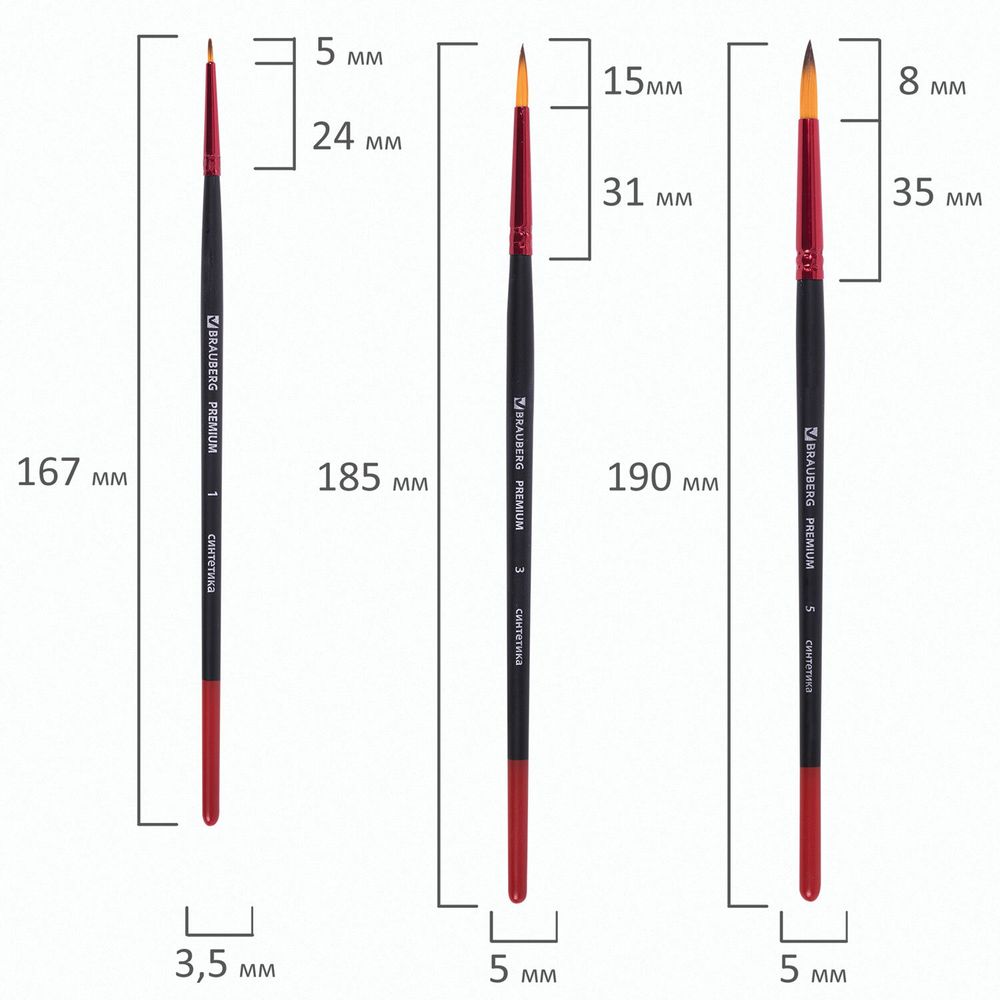 Кисти BRAUBERG PREMIUM, набор 5 шт. (синтетика, круглая № 1, 3, 5, плоская № 5, 8), блистер
